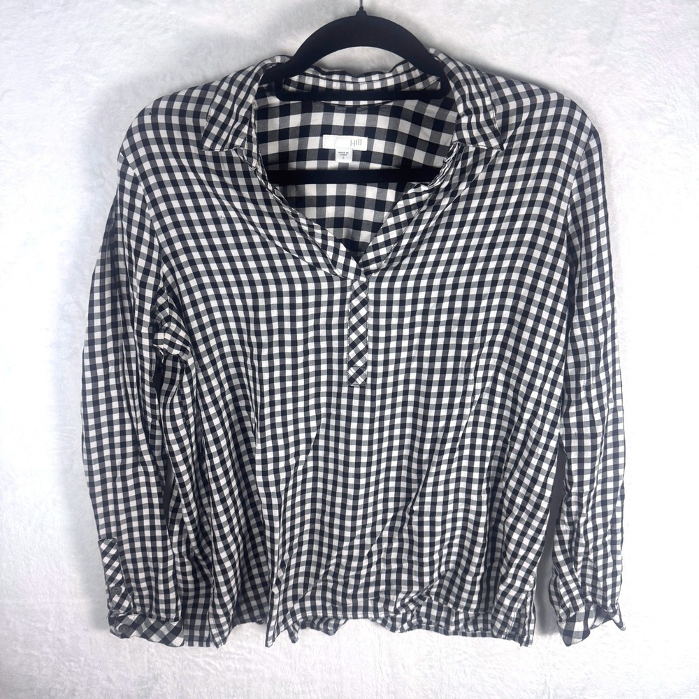 J. Jill Blouse Gingham Check Rayon Henley Small Black White Womens